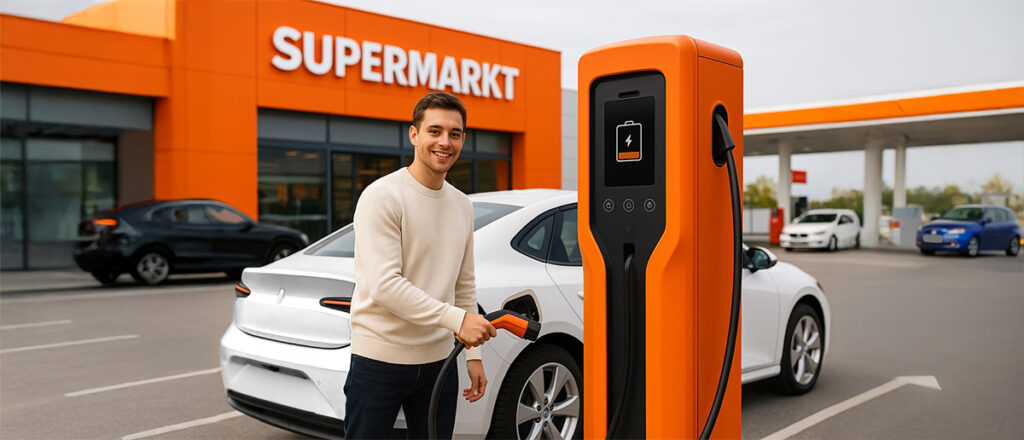 Junger Mann tankt an einer E-Ladesäule vor einem Supermarkt. Im Hintergrund ist eine Tankstelle zu sehen.